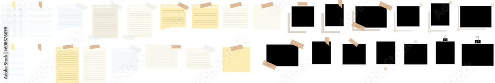 Paper notes, notebook pages, stickers and photo card frame. Paper notes and Retro vintage photograph with transparent adhesive tape and paper clip. PNG image Paper notes, notebook pages, stickers and photo card frame. Paper notes and Retro vintage photograph with transparent adhesive tape and paper clip. PNG image