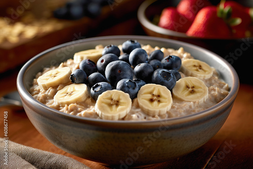 Oatmeal porridge with blueberries and banana. AI