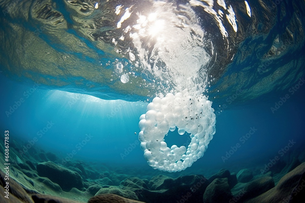 Dynamic Underwater Scene Rising Basketball Surrounded by Bubbles AI