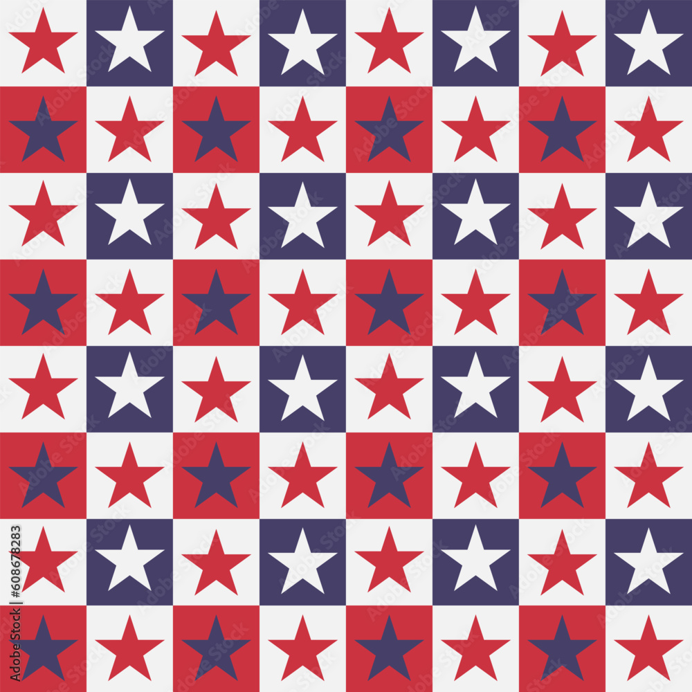 Red, white and blue American checkered stars seamless pattern. For independence day, fourth of July background, posters, fabric and home décor Red, white and blue American checkered stars seamless pattern. For independence day, fourth of July background, posters, fabric and home décor