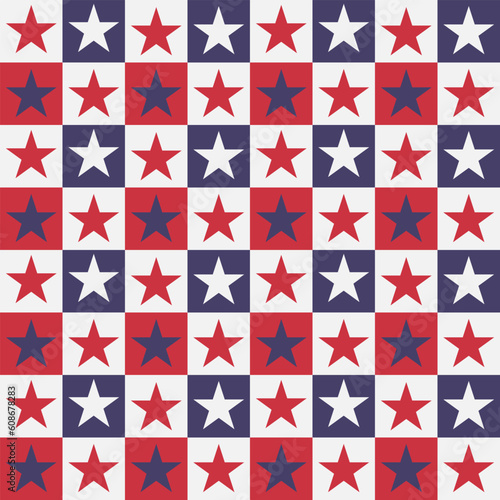 Red, white and blue American checkered stars seamless pattern. For independence day, fourth of July background, posters, fabric and  home décor 