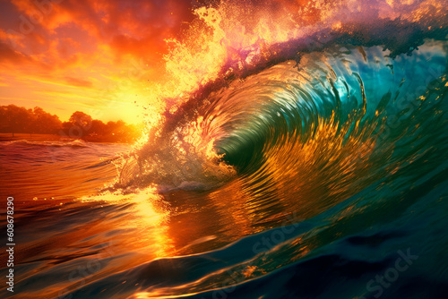The rolling waves against golden sunset beach background. AI generated.