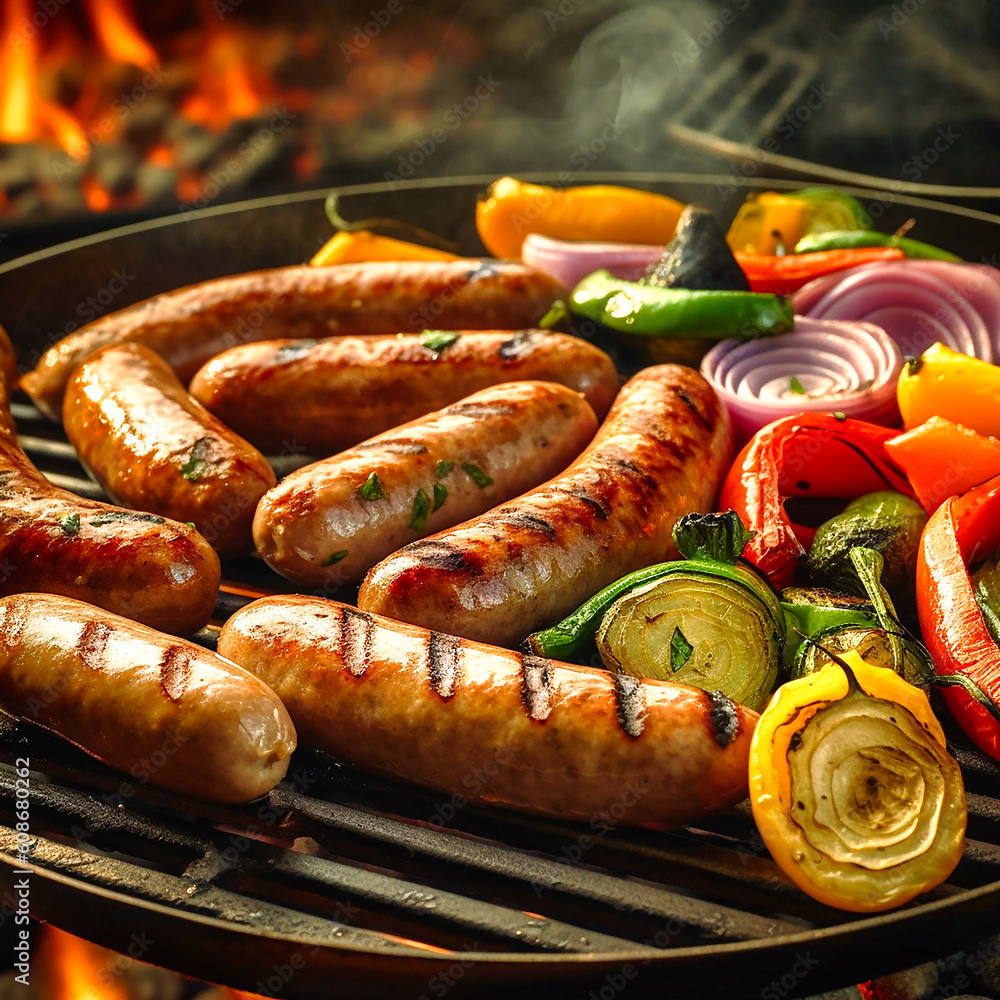 Sausages on the grill next to grilled vegetables. Ai generativ. Sausages on the grill next to grilled vegetables. Ai generativ.