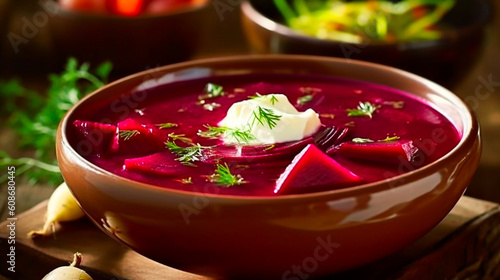 Polish botwinka, a soup from young red beets. AI generativ.