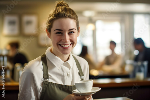 Nice and smiling waitress while working in a café. AI generativ.