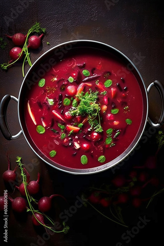 Polish botwinka, a soup from young red beets. AI generativ.