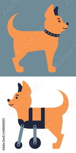 A set of illustrations with a healthy dog and a disabled dog without forelimbs. Prosthetics for pets. Prosthesis with wheels for the front paws. Tolerance towards animals with physical defects.