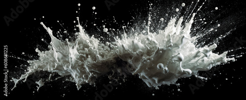 Black and white powdered dust particles explosion on black background. Generative Ai.