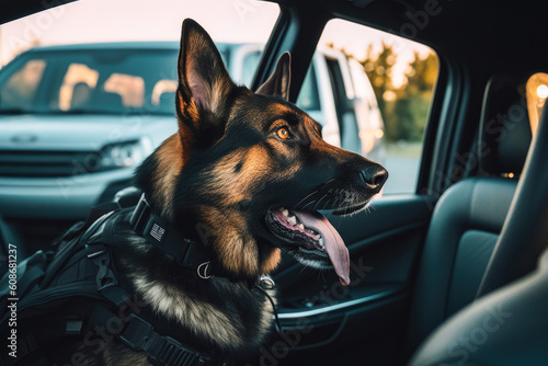K9 police dog waiting in a car, generative ai