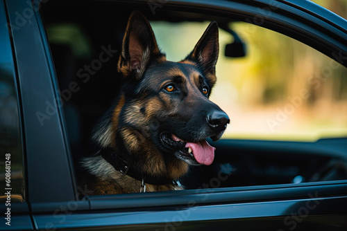 K9 police dog waiting in a car, generative ai
