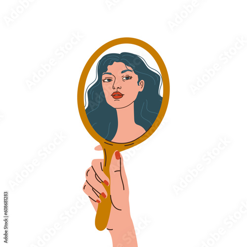 Woman's hand holding mirror reflexing her face. Hand drawn isolated Vector illustrations, flat style. Self love, acceptance concept