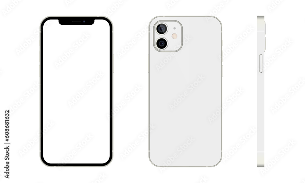 Modern white mobile phones with empty screens in three different perspectives. Modern white mobile phones with empty screens in three different perspectives.