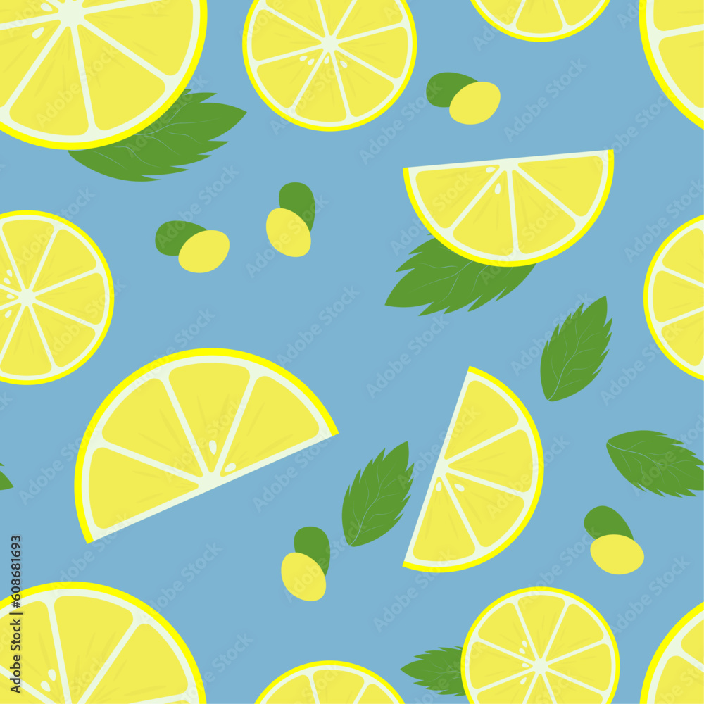 summer seamless pattern with lemon and mint on blue background, fresh pattern