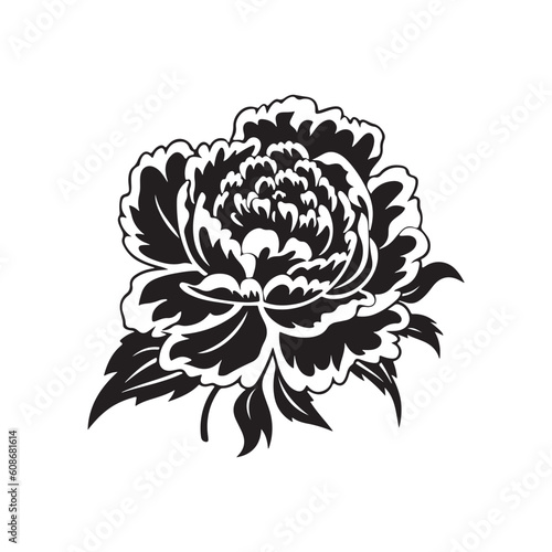 Peony flower   black sillouette  lines thick and connected. Park and garden flowers