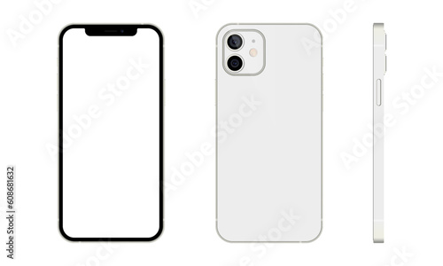 Modern white mobile phones with empty screens in three different perspectives. 