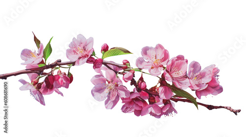 White spring Pink cherry or apple blossom flowers tree branch with green leaves isolated transparent background png. Generative ai