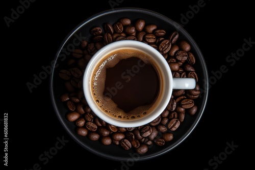 A cup of Espresso, close of view, seamless coffee beans background, overhead angle