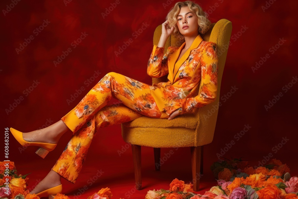Fototapeta premium Model Lady in Elegant Colorful Floral Suit Sitting on a Chair. Boss Woman Modeling in an Arrogant Posture. Generative AI illustration.