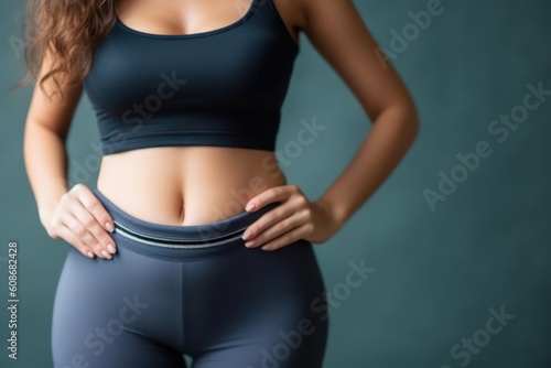 Woman showing her slim waist. Beautiful slim woman body. Generative AI © nadunprabodana