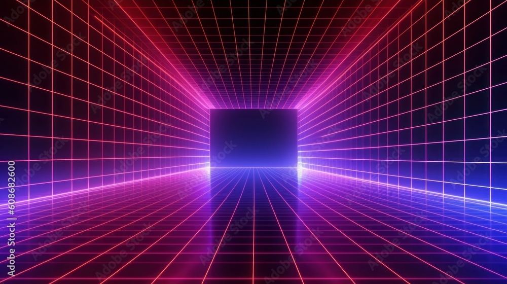 3d render, abstract futuristic background, empty virtual room, cyber space with grid, glowing with violet red neon light, Generative AI