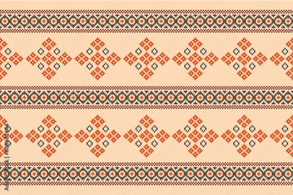 Ethnic geometric fabric pattern Cross Stitch.Ikat embroidery Ethnic oriental Pixel pattern brown cream background. Abstract,vector,illustration. Texture,clothing,decoration,motifs,silk wallpaper.