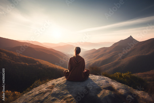 yoga on the mountain, woman having a relax time, ai generated