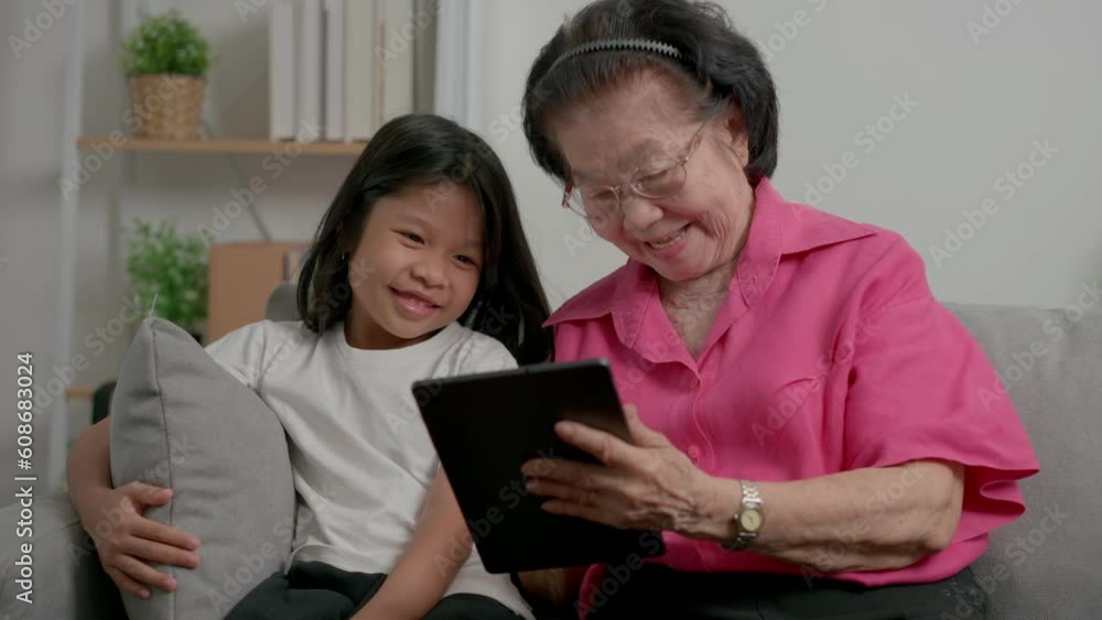 Smiling overjoyed mature grandmother with little granddaughter using tablet on cozy couch. Happy mature granny and small grandchild play education videos tablet. Education online, mature joy concept. Smiling overjoyed mature grandmother with little granddaughter using tablet on cozy couch. Happy mature granny and small grandchild play education videos tablet. Education online, mature joy concept.