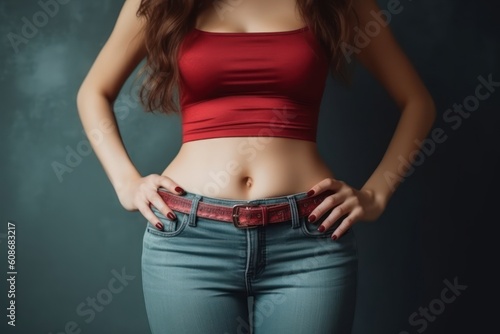Woman showing her slim waist. Beautiful slim woman body. Generative AI © nadunprabodana