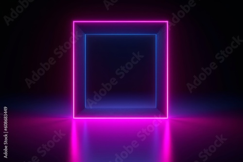 3d render, blue pink neon square frame, empty space, ultraviolet light, 80's retro style, fashion show stage, abstract background, Generative AI