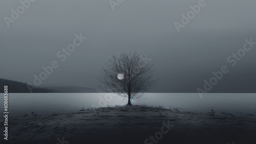 A lone great tree on a puddle in the water, a foggy, gloomy, dramatic, cinematic, magical Atmosphere. The full moon is visible from behind the tree. Created with Generative AI technology. 
