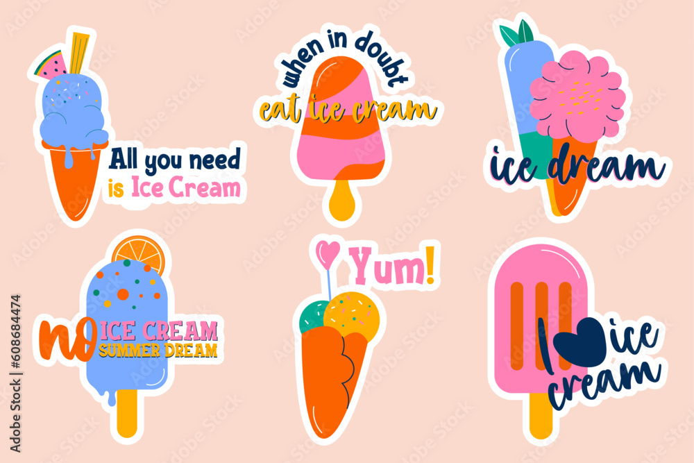 Set of ice cream stickers lettering style hand drawn Set of ice cream stickers lettering style hand drawn