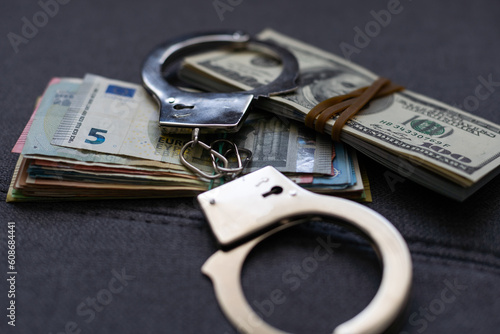 The handcuffs are on hundred-dollar bills. Power and bribery. Criminal ransom. Criminal earnings. Business concept. The concept of wealth photo