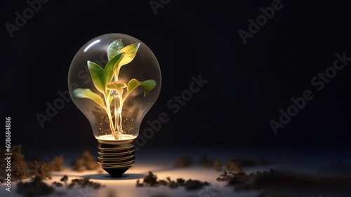 Idea Incubator, Innovation, Original Inventions, Green and Sustainable Energy and Solutions Concept Image. Sprout in a Light Bulb against the Black Background with Copy Space. Generative AI. photo