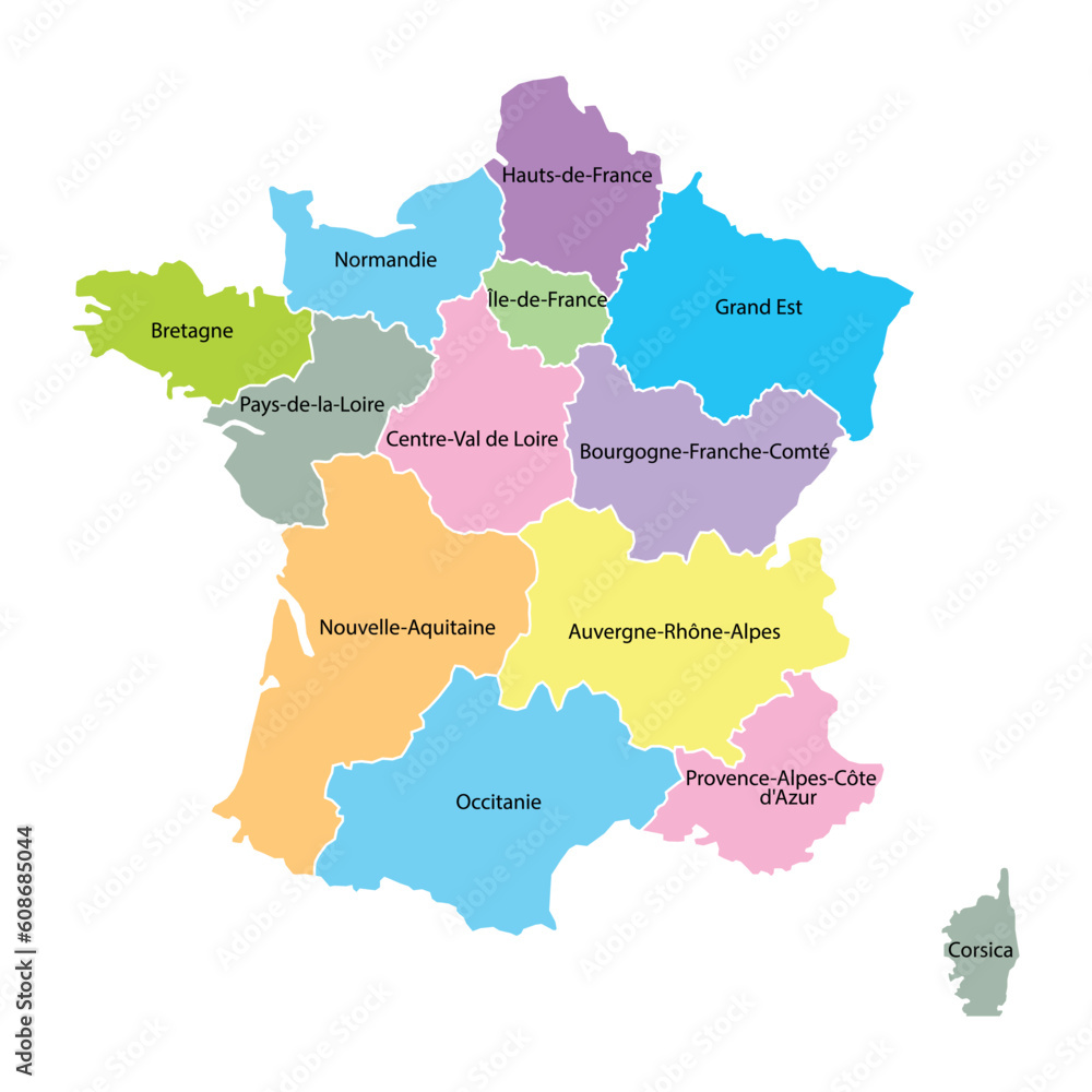 France map background with regions and region names in color. France map isolated on white background. Vector illustration France map background with regions and region names in color. France map isolated on white background. Vector illustration