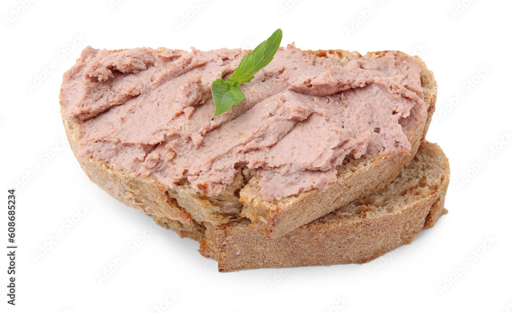 Delicious liverwurst sandwich with basil isolated on white Delicious liverwurst sandwich with basil isolated on white