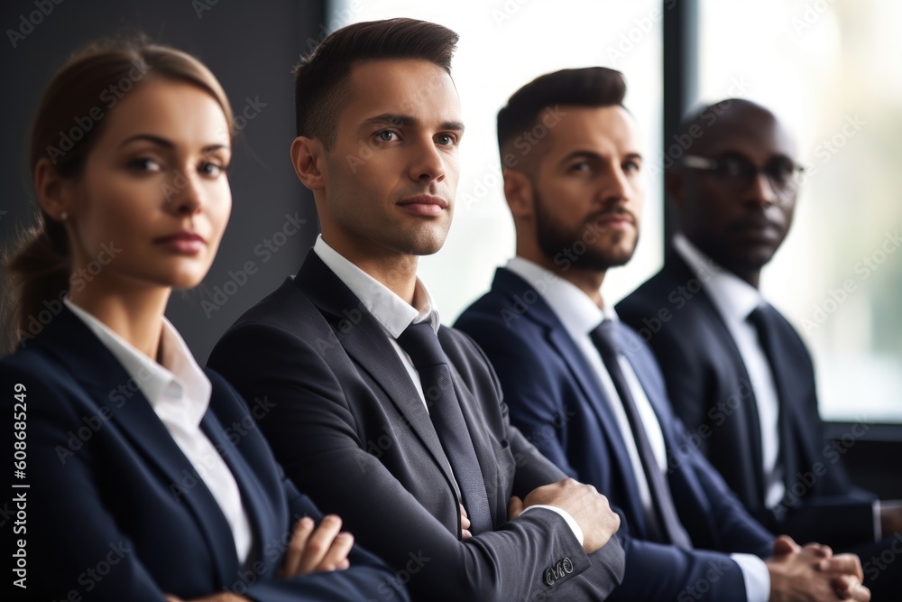 shot of a group of businesspeople sitting in the front row at work, created with generative ai shot of a group of businesspeople sitting in the front row at work, created with generative ai