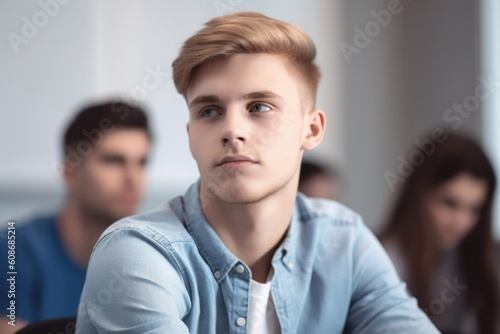 cropped shot of a handsome male student sitting in class, created with generative ai