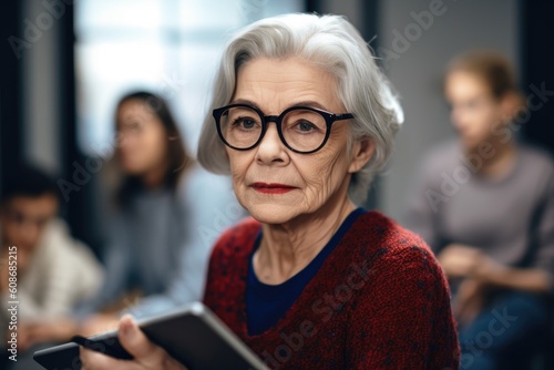 shot of a mature woman using her tablet during an adult education class, created with generative ai