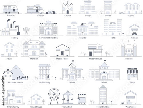 Modern common buildings and vehicles, grayscale vector illustrations. Urban city houses, caravans, factory, schools, hospital, theme park, tower, church, mosque and the other architecture designs.