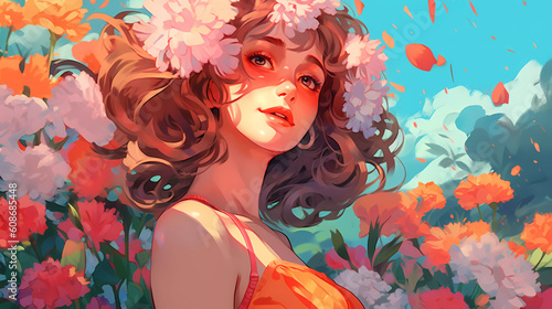hand drawn illustration of a girl in beautiful flowers 