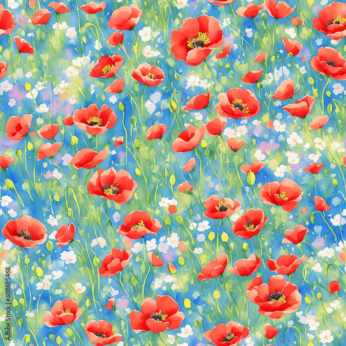 Watercolour Floral Seamless Pattern with Red Poppies and Multicolor Wild Flowers, Wallpaper Design for Textile, Covers, Packages, Fabrics, Prints, Gift Wraps, Scrapbooking. AI Generated Generative AI © Svetlana Moskaleva