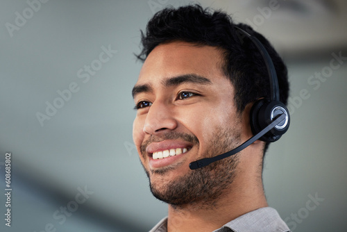 Call center, smile and business man, telemarketing and customer service in office. Crm, contact us and Asian male sales agent, consultant and employee work on help desk, support and listening mockup.