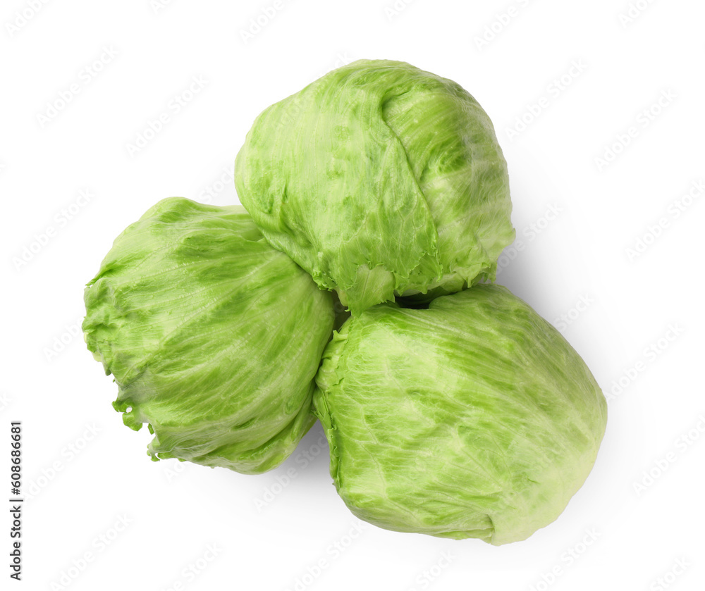 Fresh green iceberg lettuces isolated on white, top view Fresh green iceberg lettuces isolated on white, top view