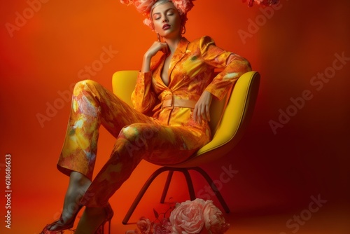 Model Lady in Elegant Colorful Floral Suit Sitting on a Chair. Boss Woman Modeling in an Arrogant Posture. Generative AI illustration.