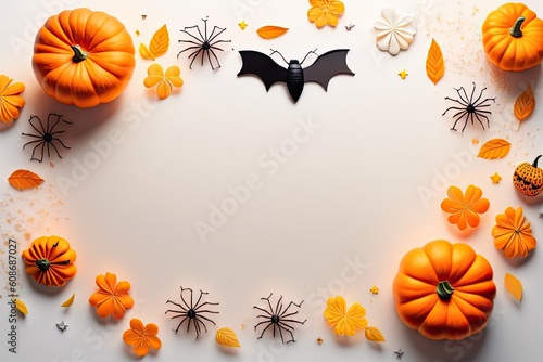 Halloween Holiday Background Decoration, White Backdrop Pumpkin and Bats Flat Lay. Generative AI