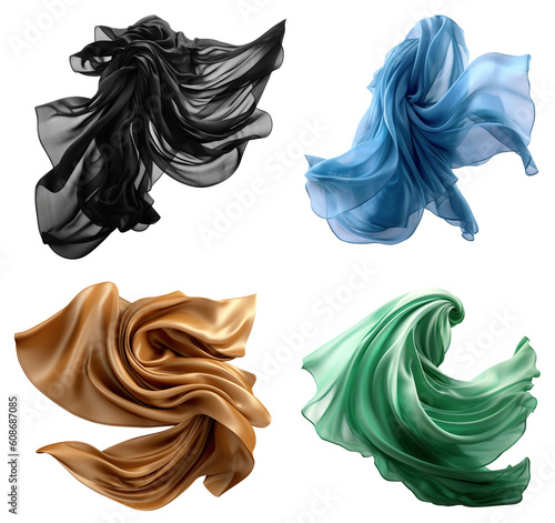 Four fluttering silk scarves in the colors black, blue, brown and green on a transparent background, Generative AI