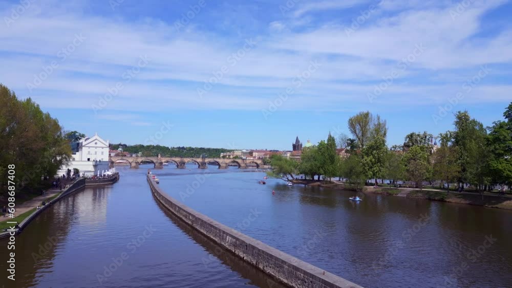 river danube prague charles bridge spring 2023 Nice aerial top view flight drone river danube prague charles bridge spring 2023 Nice aerial top view flight drone