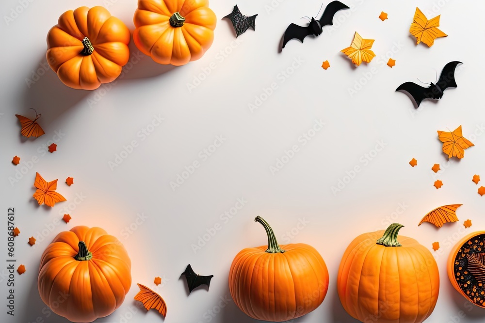 Halloween Holiday Background Decoration, White Backdrop Pumpkin and Bats Flat Lay. Generative AI Halloween Holiday Background Decoration, White Backdrop Pumpkin and Bats Flat Lay. Generative AI