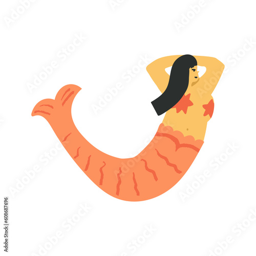 Oriental chubby mermaid with long hair happily dancing, self confident Asian seamaid enjoys her body, relaxing swimming