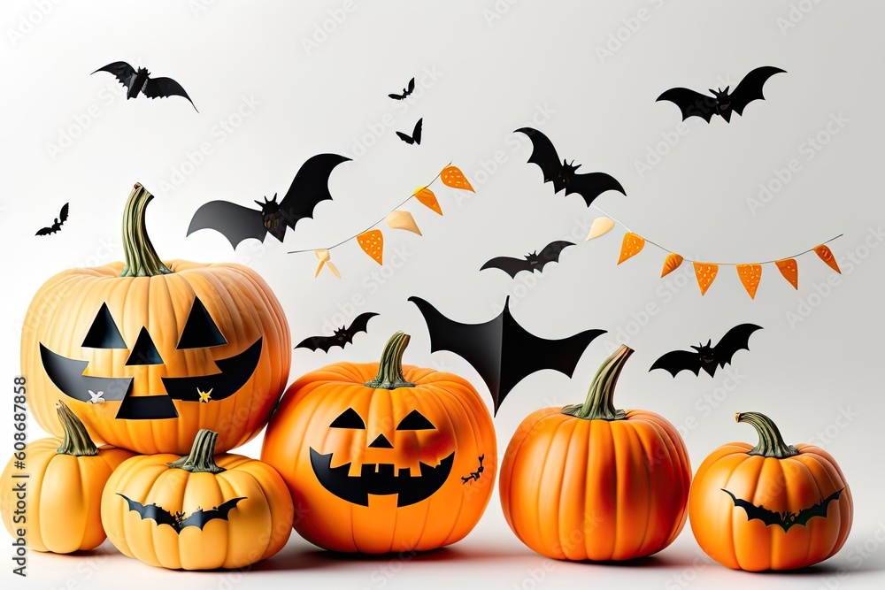 Halloween Holiday Background Decoration, White Backdrop Pumpkin and Bats Flat Lay. Generative AI Halloween Holiday Background Decoration, White Backdrop Pumpkin and Bats Flat Lay. Generative AI